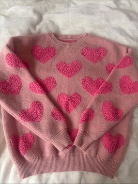🥥 Women's Pink Heart-Pattern Crewneck Knit Sweater Like New